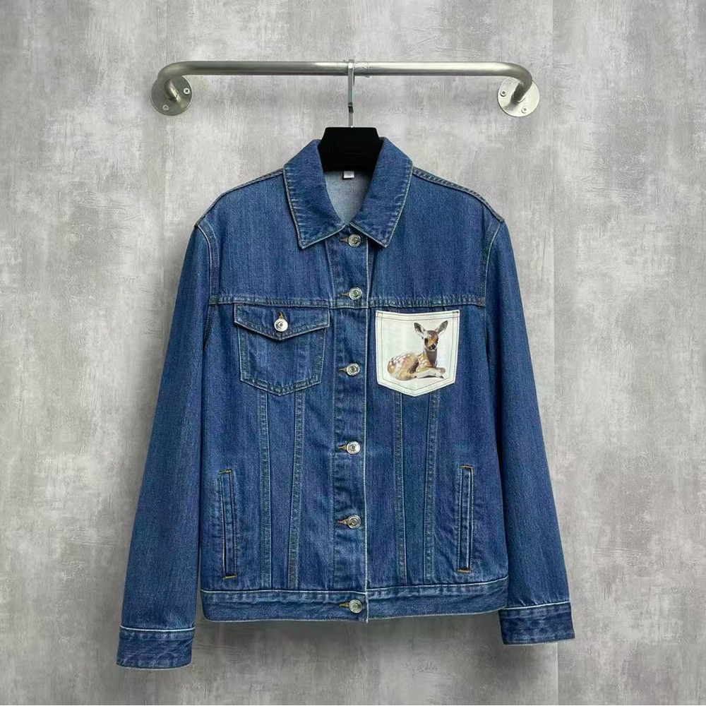 🚩steal authentic Burberry Blue Denim Jacket with Tan Leather Patch